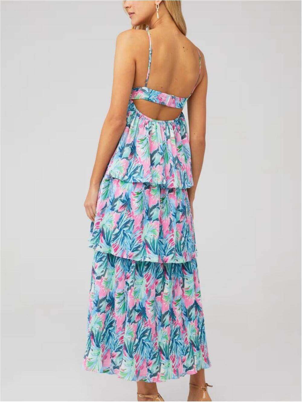 SAYLOR MAUVE DRESS Tropical Floral Print Pleated Maxi Tiered Dress Sz XS EUC